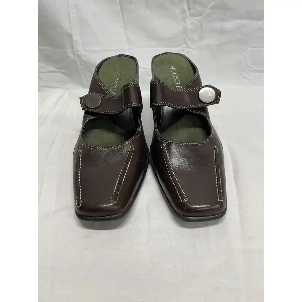 Aerosoles Women's Brown Leather Mules Sugar Snap Shoes Size 7.5 Block Heel